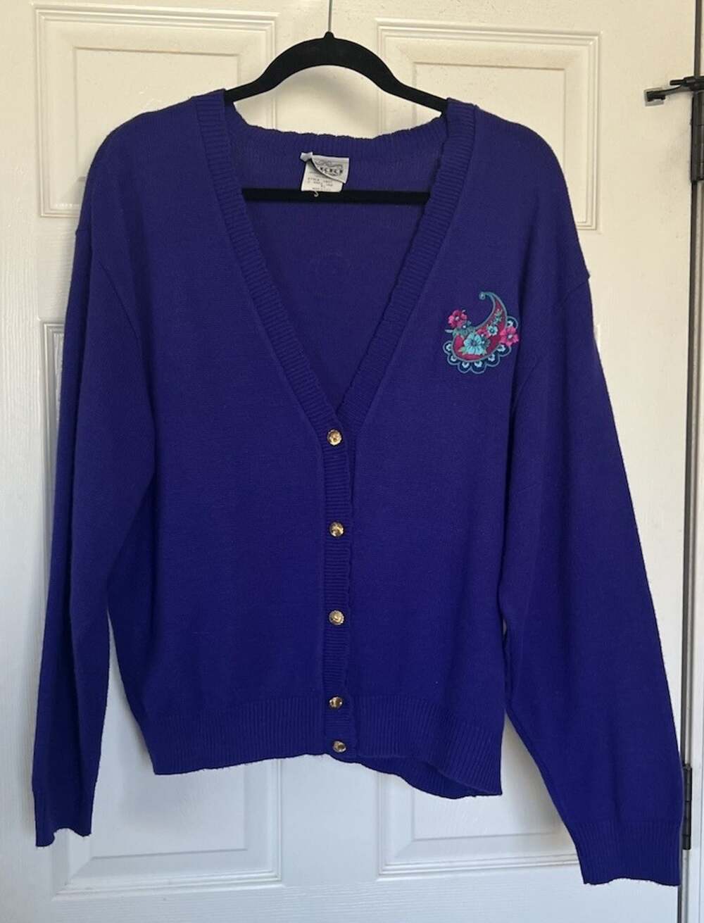 Vintage 80s Nikki Royal Purple Cardigan Made in USA Paisley Sweater “XL” M